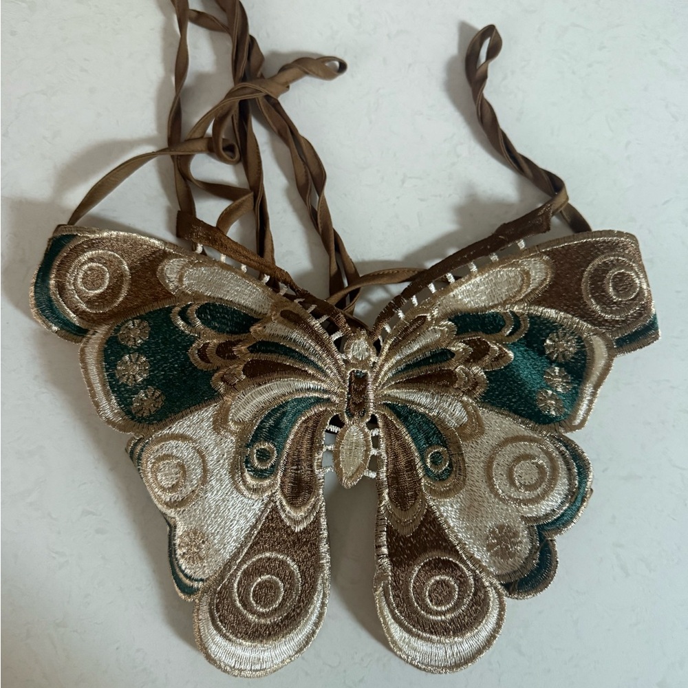 Embroidered Butterfly Crop Top - Brown & Teal - Picture 2 of 4